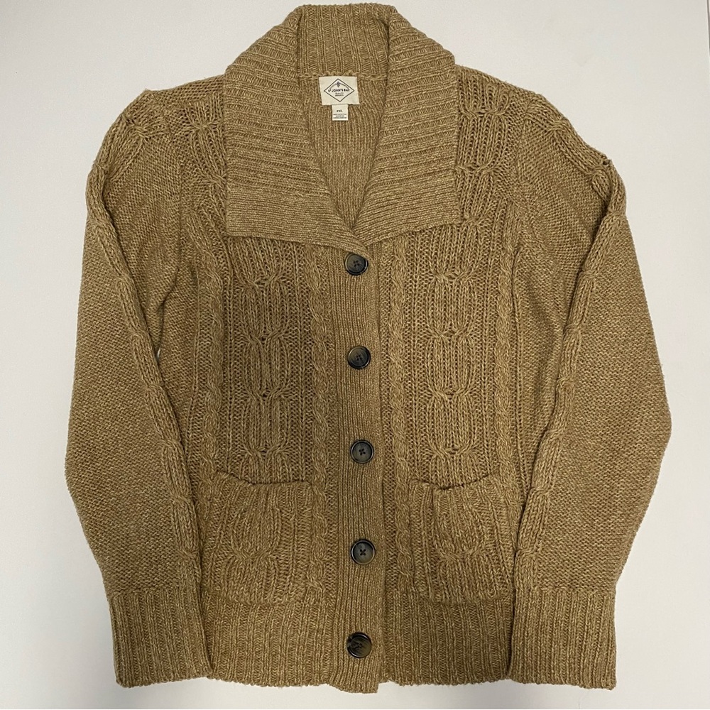 Womens Tan Cableknit Shawl Neck Cardigan XLP Fisherman Scandi Cottagecore Nordic